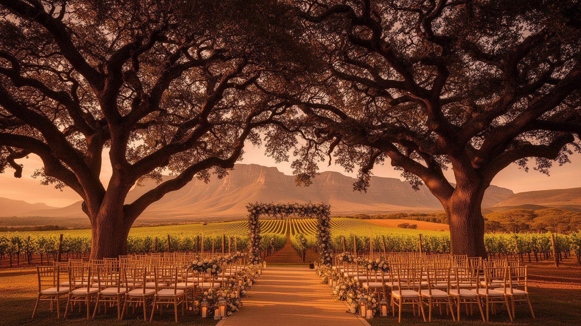 South African vineyard wedding venue at golden hour